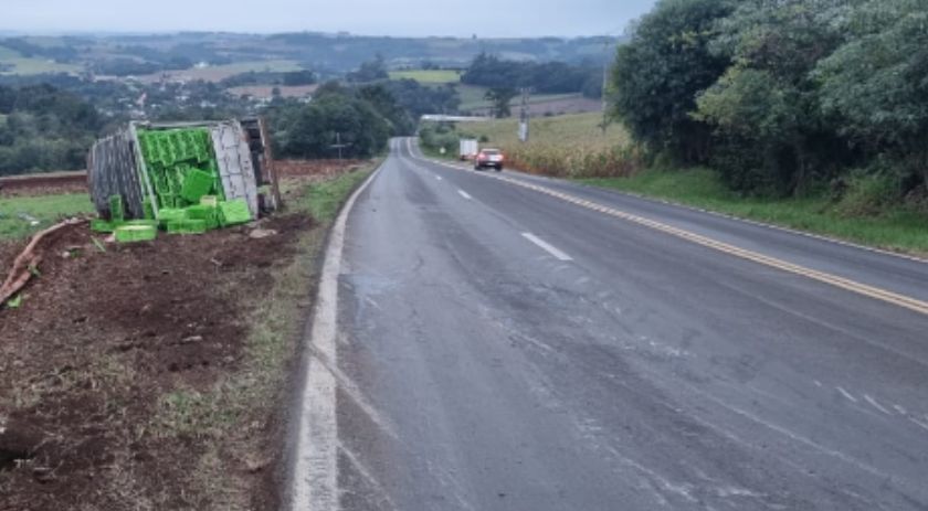 Caminhão que transportava frangos tomba na PR 566