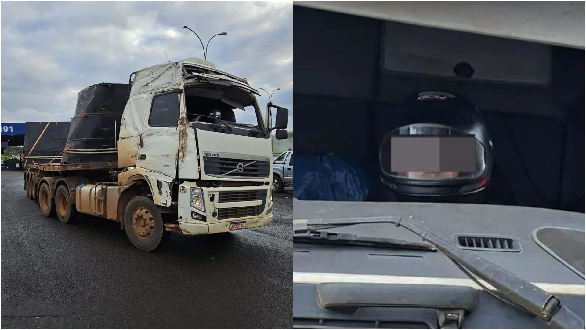 Caminhoneiro é flagrado dirigindo com capacete e carreta sem para-brisa na BR-163, em Guaraciaba