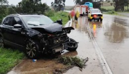 Mulher fica ferida após carro sair da pista e bater contra árvore