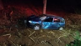 Motorista fica ferido após carro sair da pista e capotar às margens da BR-282
