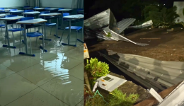 Ventos fortes causam estragos e deixam salas de escola alagadas