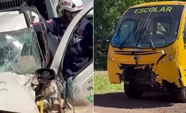 Colisão frontal entre Fiat Strada e ônibus escolar deixa motorista ferido no Sudoeste do Paraná