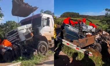 Resgate de vítimas de acidente na BR-163 mobiliza escavadeira e caminhão-guincho em Santa Catarina
