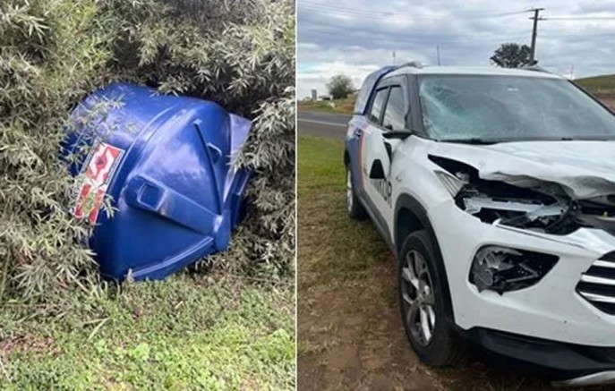 Caixa d'água cai de caminhão e atinge veículo na PR-483