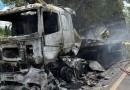 Caminhão é destruído por incêndio na BR-158 entre Coronel Vivida e Pato Branco