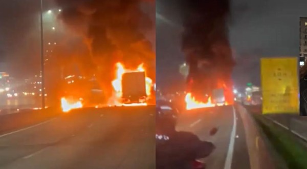 Caminhão carregado com carne pega fogo e interdita BR-101 nos dois sentidos em SC