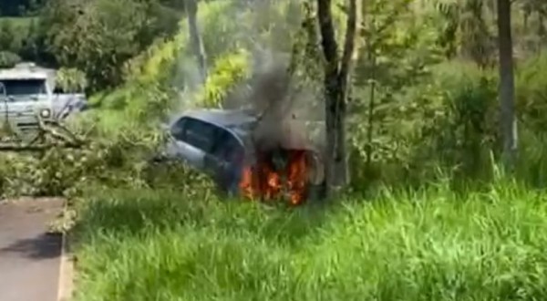 Carro pega fogo após colidir em árvore, entre Beltrão e Dois Vizinhos