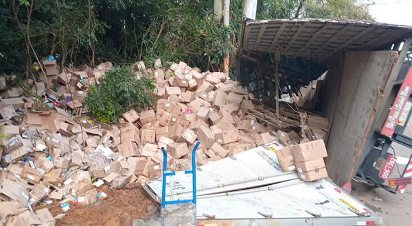 Caminhão tomba após falha nos freios na SC-305