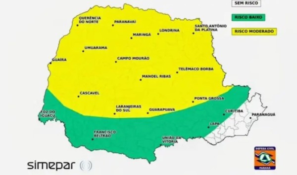 Simepar alerta para risco de temporais no Paraná nesta sexta-feira; confira as áreas de risco