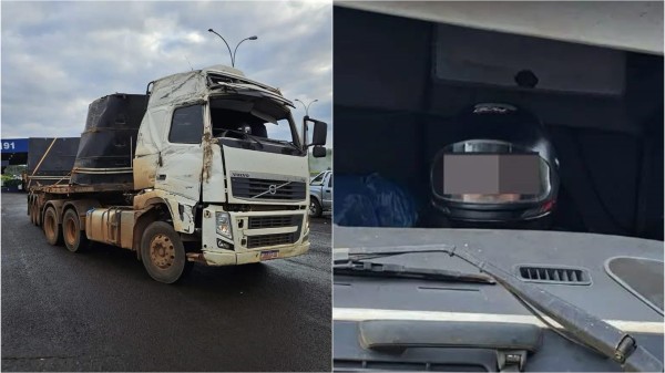 Caminhoneiro é flagrado dirigindo com capacete e carreta sem para-brisa na BR-163, em Guaraciaba